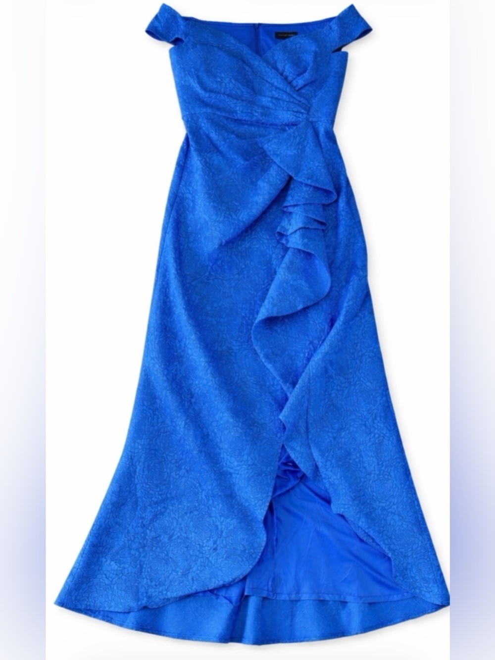 Tadashi Shoji Cobalt Blue Off-Shoulder Jacquard Gown